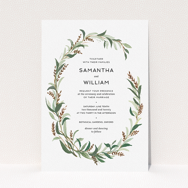 A wedding invite card template titled "Garden Garland". It is an A5 invite in a portrait orientation. "Garden Garland" is available as a flat invite, with tones of faded green, light brown and light green.