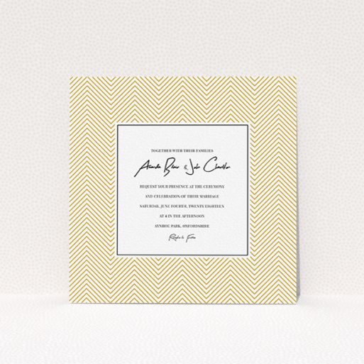 Wedding Invite Card Design - "Golden Lines" A wedding invite card template titled "Golden Lines". It is a square (148mm x 148mm) invite in a square orientation. "Golden Lines" is available as a flat invite, with tones of gold and white.
