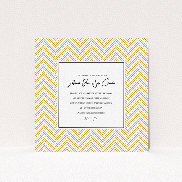 A wedding invite card template titled "Golden Lines". It is a square (148mm x 148mm) invite in a square orientation. "Golden Lines" is available as a flat invite, with tones of gold and white.