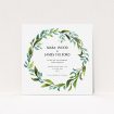 A wedding invite card called "Greek Wreath". It is a square (148mm x 148mm) invite in a square orientation. "Greek Wreath" is available as a flat invite, with tones of blue and green.