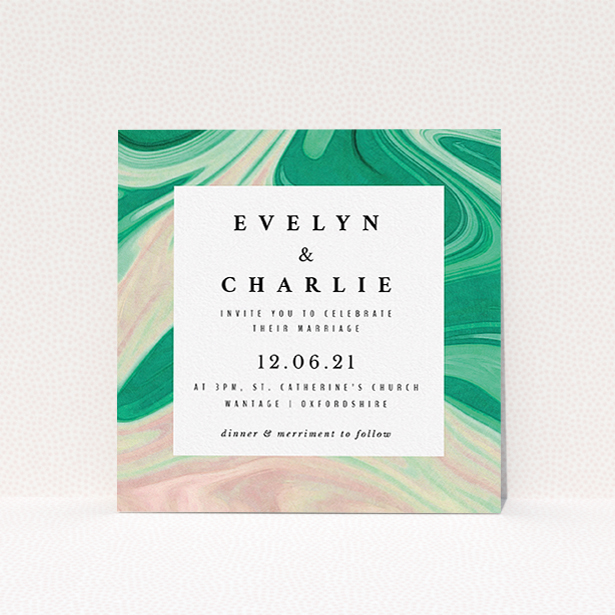 A wedding invite card design named "Green and Cream". It is a square (148mm x 148mm) invite in a square orientation. "Green and Cream" is available as a flat invite, with tones of green, cream and dark green.