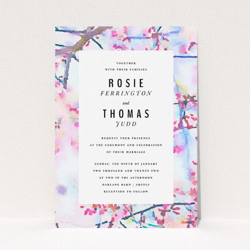 Wedding Invite Card Design - "Impression of Blossom" A wedding invite card design named "Impression of Blossom". It is an A5 invite in a portrait orientation. "Impression of Blossom" is available as a flat invite, with tones of pink, blue and light purple.