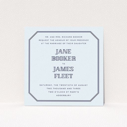 Wedding Invitation Card - In Between The Lines Square (Light Blue) A wedding invite card design called "In between the lines square". It is a square (148mm x 148mm) invite in a square orientation. "In between the lines square" is available as a flat invite, with mainly blue colouring.