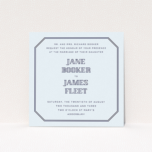 A wedding invite card design called "In between the lines square". It is a square (148mm x 148mm) invite in a square orientation. "In between the lines square" is available as a flat invite, with mainly blue colouring.