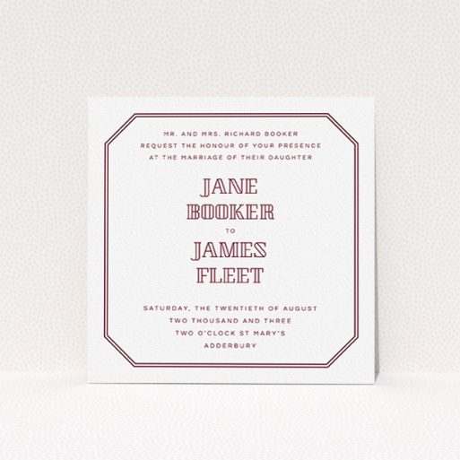 Wedding Invitation Card - In Between The Lines Square (Maroon) A wedding invite card template titled "In between the lines square". It is a square (148mm x 148mm) invite in a square orientation. "In between the lines square" is available as a flat invite, with tones of burgundy and white.