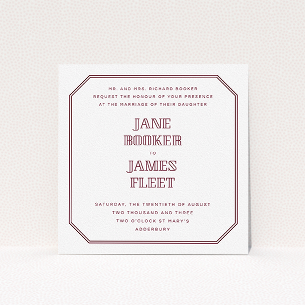 A wedding invite card template titled "In between the lines square". It is a square (148mm x 148mm) invite in a square orientation. "In between the lines square" is available as a flat invite, with tones of burgundy and white.