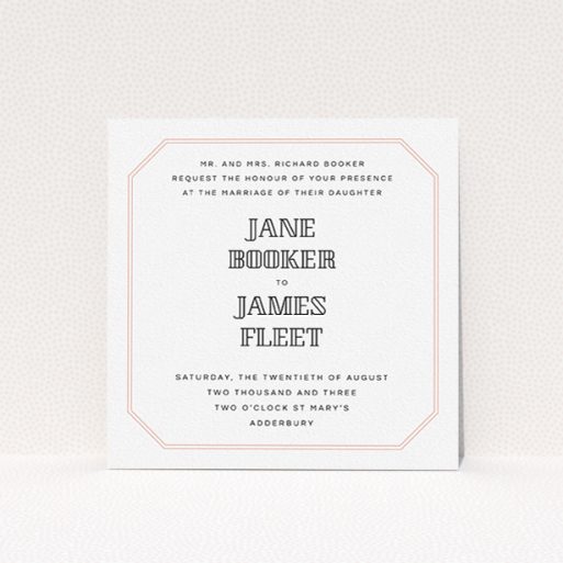 Wedding Invitation Card - In Between The Lines Square (Pink And White) A wedding invite card named "In between the lines square". It is a square (148mm x 148mm) invite in a square orientation. "In between the lines square" is available as a flat invite, with tones of pink and white.