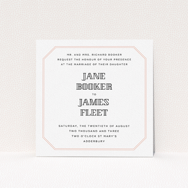 A wedding invite card named "In between the lines square". It is a square (148mm x 148mm) invite in a square orientation. "In between the lines square" is available as a flat invite, with tones of pink and white.