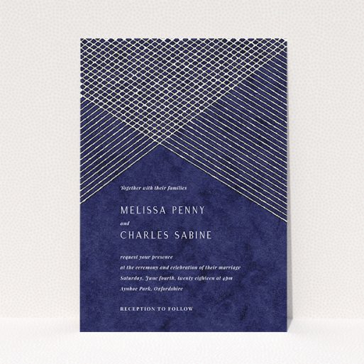 Wedding Invite Card Design - "In the Navy" A wedding invite card called "In the Navy". It is an A5 invite in a portrait orientation. "In the Navy" is available as a flat invite, with tones of blue and white.