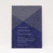 A wedding invite card called "In the Navy". It is an A5 invite in a portrait orientation. "In the Navy" is available as a flat invite, with tones of blue and white.
