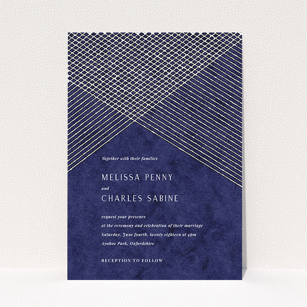 A wedding invite card called "In the Navy". It is an A5 invite in a portrait orientation. "In the Navy" is available as a flat invite, with tones of blue and white.