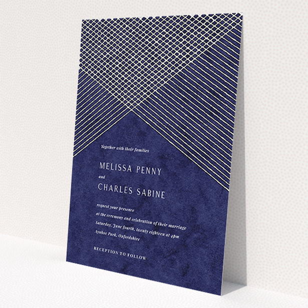 A wedding invite card called "In the Navy". It is an A5 invite in a portrait orientation. "In the Navy" is available as a flat invite, with tones of blue and white.
