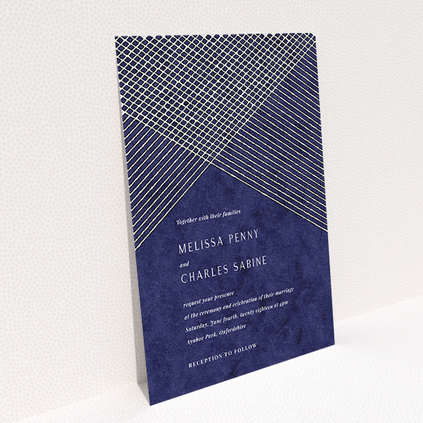 A wedding invite card called "In the Navy". It is an A5 invite in a portrait orientation. "In the Navy" is available as a flat invite, with tones of blue and white.