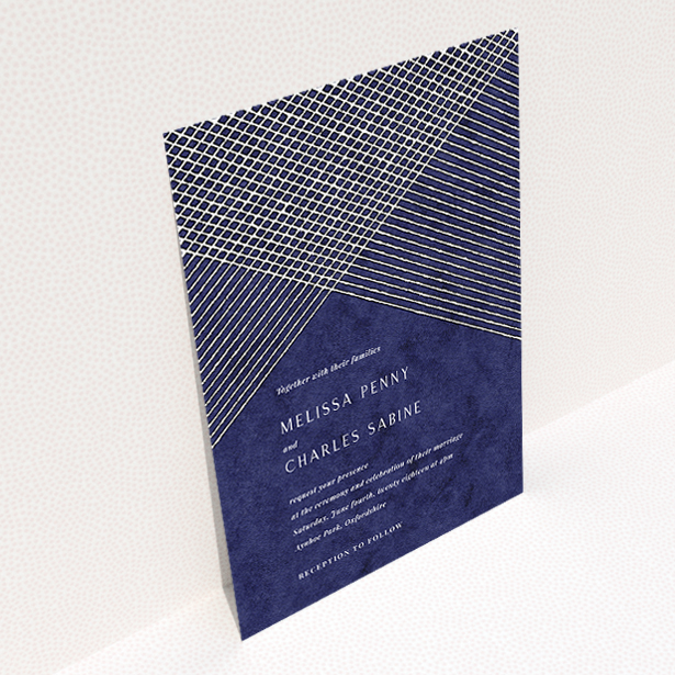 A wedding invite card called "In the Navy". It is an A5 invite in a portrait orientation. "In the Navy" is available as a flat invite, with tones of blue and white.