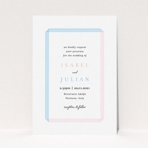 Wedding Invite Card Design - "Intersection" A wedding invite card called "Intersection". It is an A5 invite in a portrait orientation. "Intersection" is available as a flat invite, with tones of blue and pink.