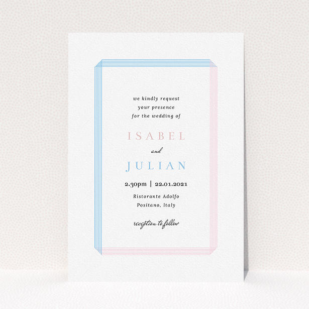 A wedding invite card called "Intersection". It is an A5 invite in a portrait orientation. "Intersection" is available as a flat invite, with tones of blue and pink.