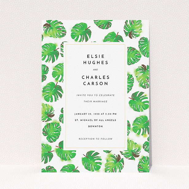 A wedding invite card called "Jungle Sky". It is an A5 invite in a portrait orientation. "Jungle Sky" is available as a flat invite, with tones of green and white.