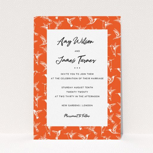 Wedding Invite Card Design - "Lots of Hummingbirds" A wedding invite card template titled "Lots of Hummingbirds". It is an A5 invite in a portrait orientation. "Lots of Hummingbirds" is available as a flat invite, with tones of red and white.