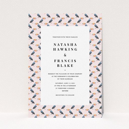 Wedding Invite Card Design - "Lots of Toucans" A wedding invite card design named "Lots of Toucans". It is an A5 invite in a portrait orientation. "Lots of Toucans" is available as a flat invite, with tones of pink, blue and orange.