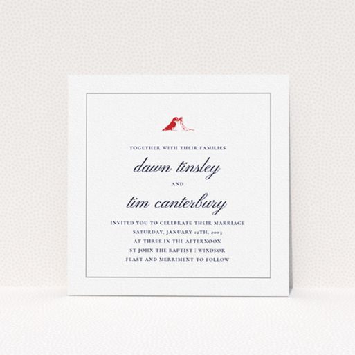 Personalised Wedding Invitation - Lovebirds (Grey) A wedding invite card design titled "Lovebirds". It is a square (148mm x 148mm) invite in a square orientation. "Lovebirds" is available as a flat invite, with tones of white and red.