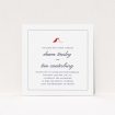 A wedding invite card design titled "Lovebirds". It is a square (148mm x 148mm) invite in a square orientation. "Lovebirds" is available as a flat invite, with tones of white and red.