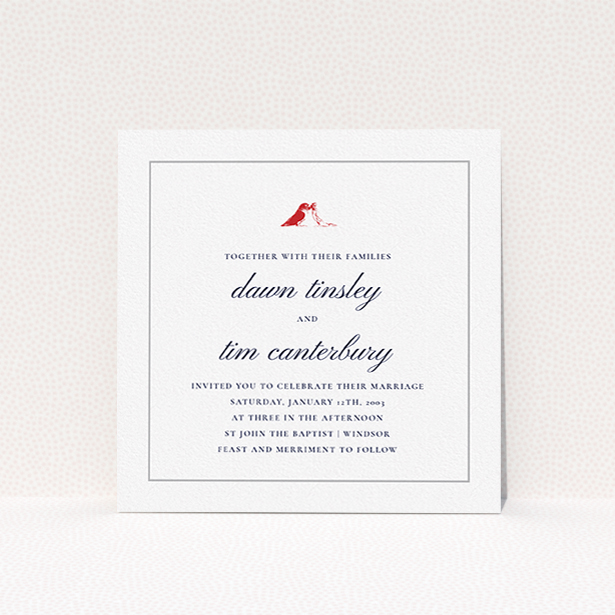 A wedding invite card design titled "Lovebirds". It is a square (148mm x 148mm) invite in a square orientation. "Lovebirds" is available as a flat invite, with tones of white and red.
