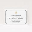 A wedding invite card named "Lucky horse shoe". It is an A5 invite in a landscape orientation. "Lucky horse shoe" is available as a flat invite, with tones of white, gold and black.
