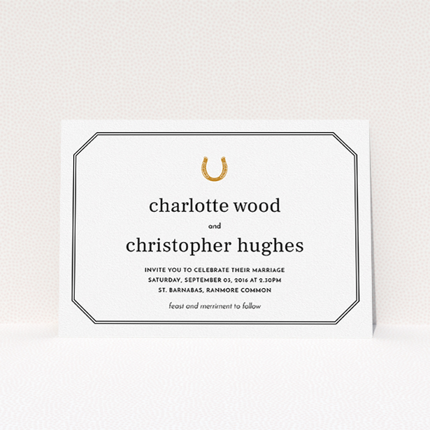 A wedding invite card named "Lucky horse shoe". It is an A5 invite in a landscape orientation. "Lucky horse shoe" is available as a flat invite, with tones of white, gold and black.