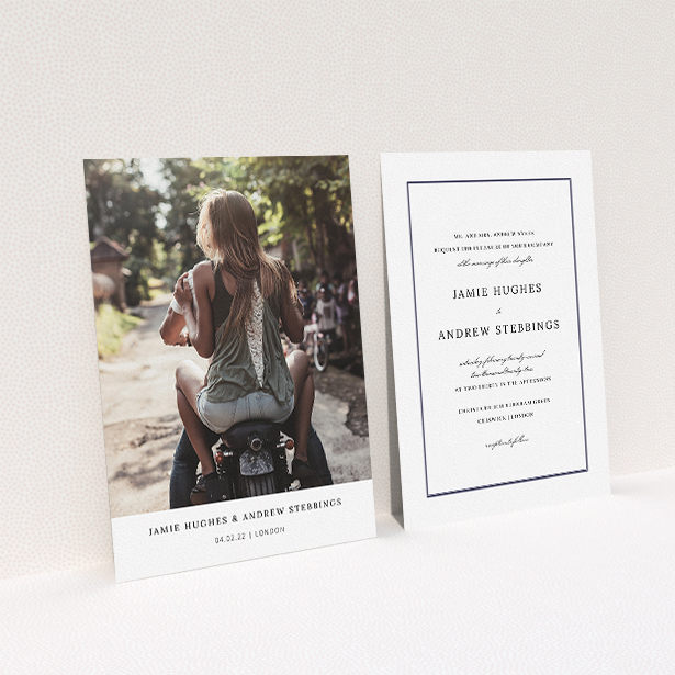 A wedding invite card named "Maddox Street". It is an A5 invite in a portrait orientation. It is a photographic wedding invite card with room for 1 photo. "Maddox Street" is available as a flat invite, with mainly white colouring.