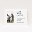 A wedding invite card template titled "Modern postcard". It is an A5 invite in a landscape orientation. It is a photographic wedding invite card with room for 1 photo. "Modern postcard" is available as a flat invite, with mainly white colouring.