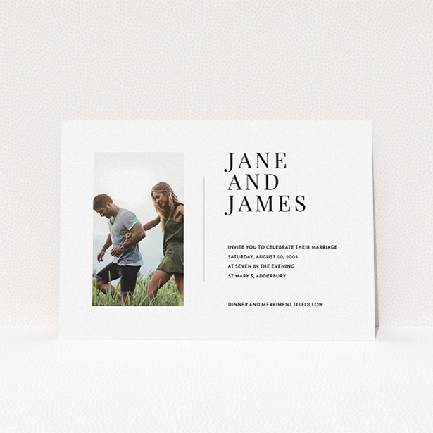 A wedding invite card template titled "Modern postcard". It is an A5 invite in a landscape orientation. It is a photographic wedding invite card with room for 1 photo. "Modern postcard" is available as a flat invite, with mainly white colouring.