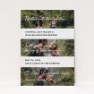 A wedding invite card design called "Newsreel". It is an A5 invite in a portrait orientation. It is a photographic wedding invite card with room for 3 photos. "Newsreel" is available as a flat invite, with tones of black and white.