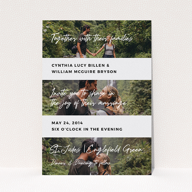 A wedding invite card design called "Newsreel". It is an A5 invite in a portrait orientation. It is a photographic wedding invite card with room for 3 photos. "Newsreel" is available as a flat invite, with tones of black and white.