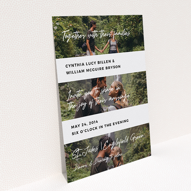 A wedding invite card design called "Newsreel". It is an A5 invite in a portrait orientation. It is a photographic wedding invite card with room for 3 photos. "Newsreel" is available as a flat invite, with tones of black and white.