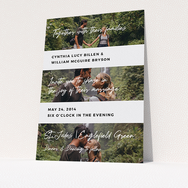 A wedding invite card design called "Newsreel". It is an A5 invite in a portrait orientation. It is a photographic wedding invite card with room for 3 photos. "Newsreel" is available as a flat invite, with tones of black and white.