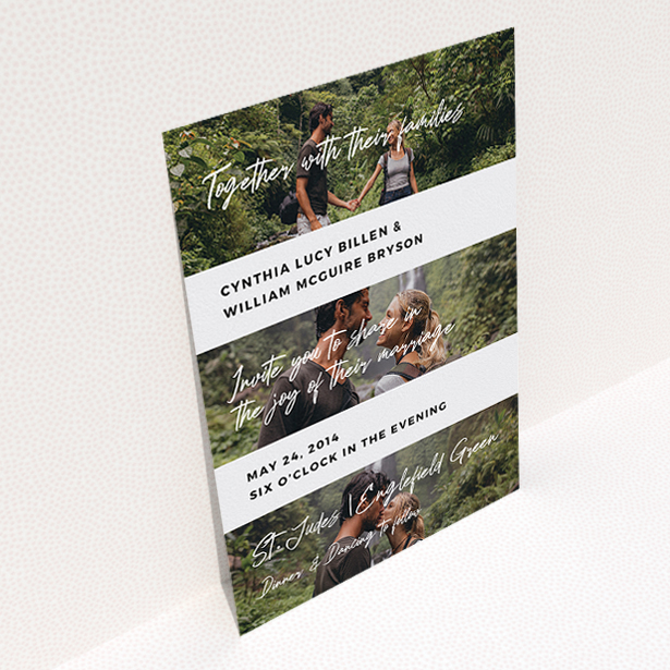 A wedding invite card design called "Newsreel". It is an A5 invite in a portrait orientation. It is a photographic wedding invite card with room for 3 photos. "Newsreel" is available as a flat invite, with tones of black and white.
