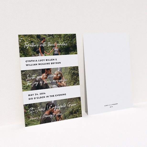 A wedding invite card design called "Newsreel". It is an A5 invite in a portrait orientation. It is a photographic wedding invite card with room for 3 photos. "Newsreel" is available as a flat invite, with tones of black and white.