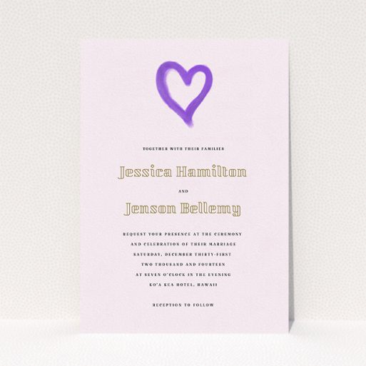 Wedding Invite Card Design - "One little heart" A wedding invite card template titled "One little heart". It is an A5 invite in a portrait orientation. "One little heart" is available as a flat invite, with mainly purple/dark pink colouring.