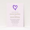 A wedding invite card template titled "One little heart". It is an A5 invite in a portrait orientation. "One little heart" is available as a flat invite, with mainly purple/dark pink colouring.