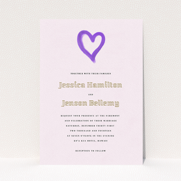 A wedding invite card template titled "One little heart". It is an A5 invite in a portrait orientation. "One little heart" is available as a flat invite, with mainly purple/dark pink colouring.
