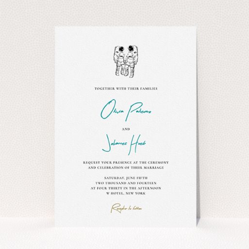 Wedding Invite Card Design - "One small step" A wedding invite card design called "One small step". It is an A5 invite in a portrait orientation. "One small step" is available as a flat invite, with tones of white and blue.