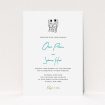 A wedding invite card design called "One small step". It is an A5 invite in a portrait orientation. "One small step" is available as a flat invite, with tones of white and blue.
