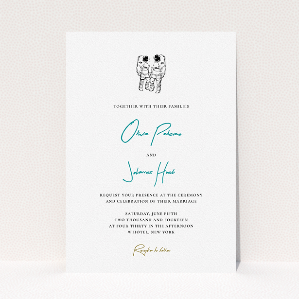 A wedding invite card design called "One small step". It is an A5 invite in a portrait orientation. "One small step" is available as a flat invite, with tones of white and blue.