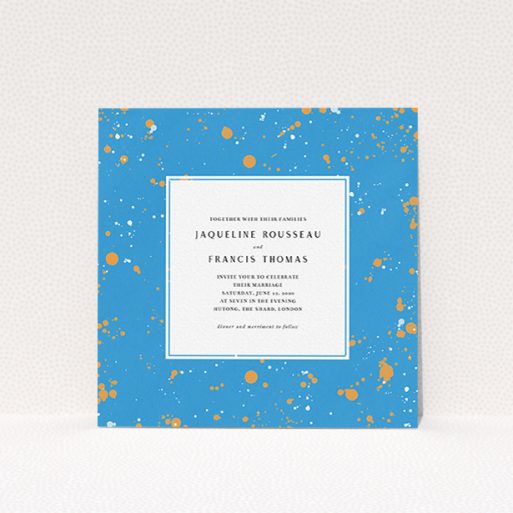 Wedding Invite Card Design - "Orange Splatters" A wedding invite card design titled "Orange Splatters". It is a square (148mm x 148mm) invite in a square orientation. "Orange Splatters" is available as a flat invite, with tones of light blue and orange.