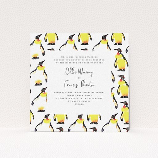 Wedding Invite Card Design - "Penguins" A wedding invite card design named "Penguins". It is a square (148mm x 148mm) invite in a square orientation. "Penguins" is available as a flat invite, with tones of white, yellow and black.