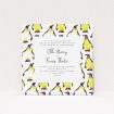 A wedding invite card design named "Penguins". It is a square (148mm x 148mm) invite in a square orientation. "Penguins" is available as a flat invite, with tones of white, yellow and black.