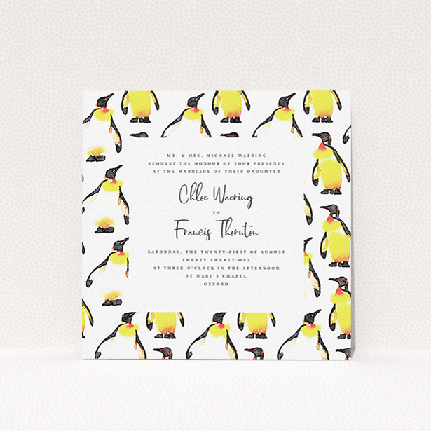 A wedding invite card design named "Penguins". It is a square (148mm x 148mm) invite in a square orientation. "Penguins" is available as a flat invite, with tones of white, yellow and black.