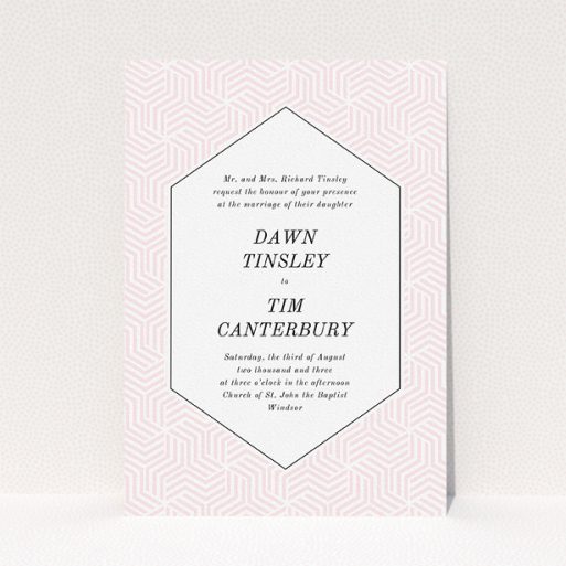 Wedding Invite Card Design - "Pink geometric maze" A wedding invite card called "Pink geometric maze". It is an A5 invite in a portrait orientation. "Pink geometric maze" is available as a flat invite, with tones of pink and white.