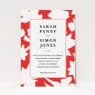 A wedding invite card template titled "Red Flowers". It is an A5 invite in a portrait orientation. "Red Flowers" is available as a flat invite, with tones of red and white.