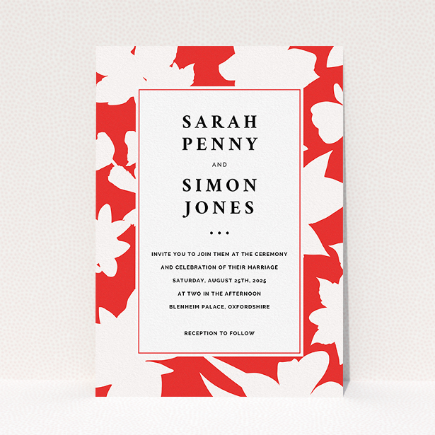 A wedding invite card template titled "Red Flowers". It is an A5 invite in a portrait orientation. "Red Flowers" is available as a flat invite, with tones of red and white.